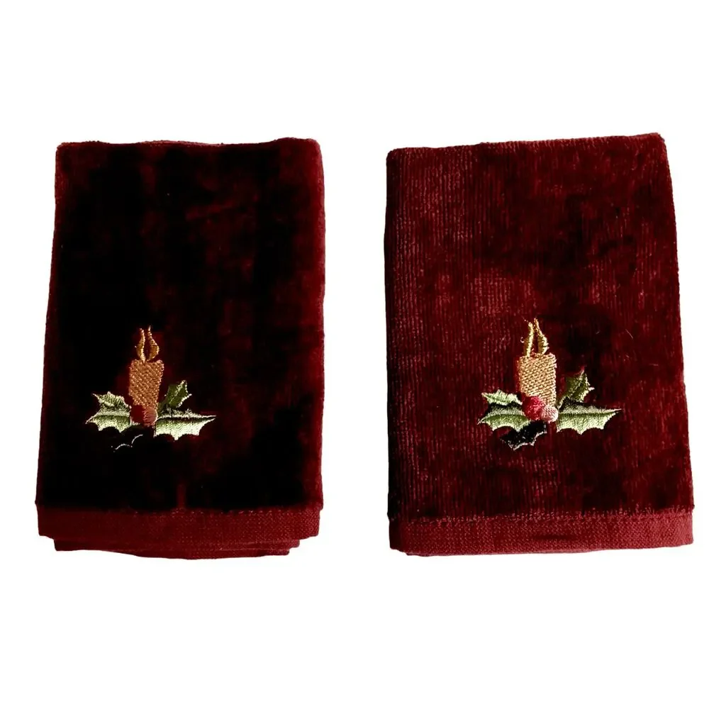 🛀🏻🍂2 Vintage Brown Holiday Washcloth Set Candle Holly Embroidered Christmas